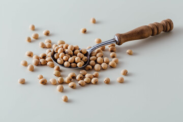 Raw Soybeans in Spoon on Light Background for Healthy Cooking