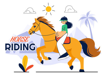 Horse Riding Vector Illustration Featuring Practicing Horseback Riding or Equestrian Sports in a Green Field with Flat Style Cartoon Background