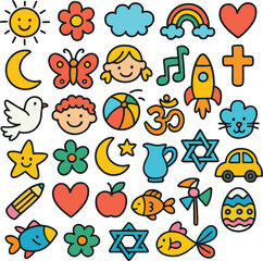 Collection of cute hand drawn childlike icons for kids