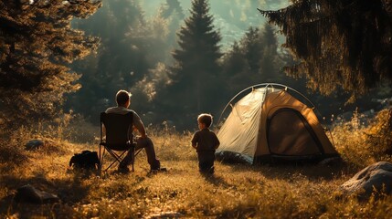 Father and son enjoying a summer camping trip
