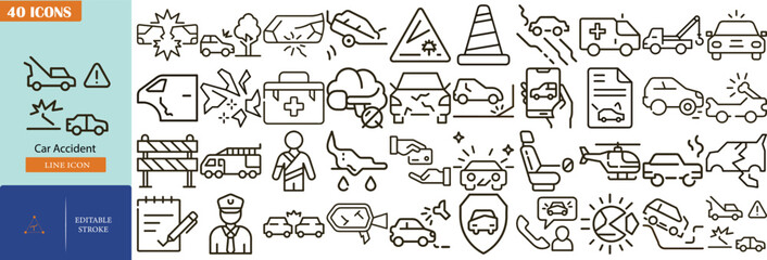 Icon Set Illustrating Car Accidents, Traffic Safety, Emergency Services, and Related Concepts in Line Art Style