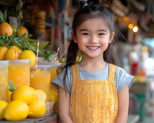 Smiling Asian child selling homemade lemonade at a small outdoor stand