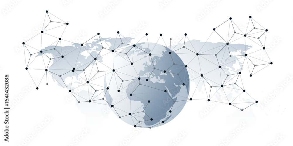 Poster abstract grey globe with 3d network points and lines connecting continents over a gray world map bac