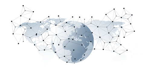 Abstract grey globe with 3d network points and lines connecting continents over a gray world map background. Modern concept for global communication, data transfer, internet and global technology.