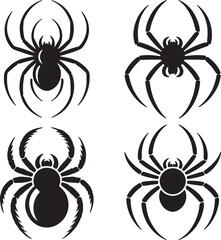 Four Black Spider Silhouettes Stylized Arachnid Designs Vector Illustrations Set Graphic Art