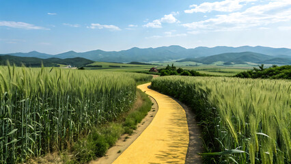 Fototapeta premium Yellow Brick Road Through Lush Wheat Fields