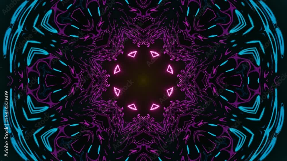 Poster neon geometric kaleidoscope loop animation centered. abstract neon line animation in kaleidoscope pa
