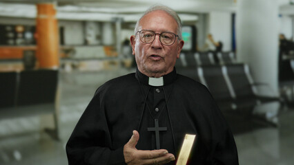 Senior priest in dark robe holds a book at an airport, occupying a modern indoor setting with...