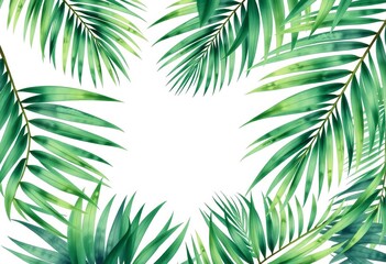 Obraz premium Watercolor green coconut palm leaf frame, isolated on white Vintage Hawaii style, tropical exotic, wallpaper pattern, green, design element