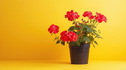 Fototapeta premium Bright geranium flowers in a pot bloom in clusters on top of lush green leaves on a yellow background.