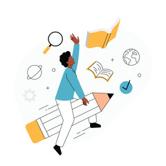 Reaching New Heights Through Education. Vector illustration shows a person riding on a giant pencil, reaching upwards towards an open book
