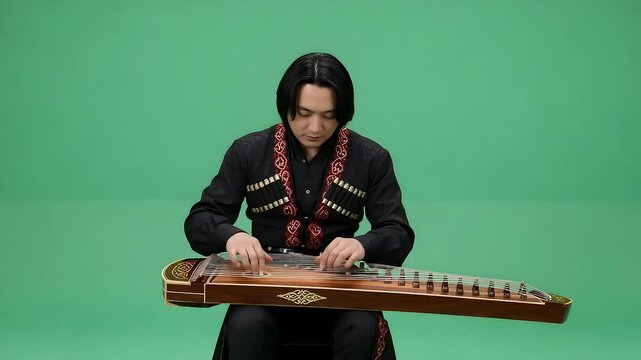A person plays a traditional string instrument, likely a dombra or zither, wears traditional clothing on green screen background