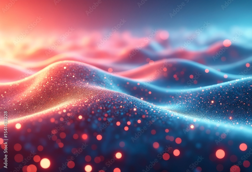 Poster Dynamic digital landscape of glowing waves in red and blue hues with particle lights. Wallpaper High-resolution digital art. Technology and energy flow concept