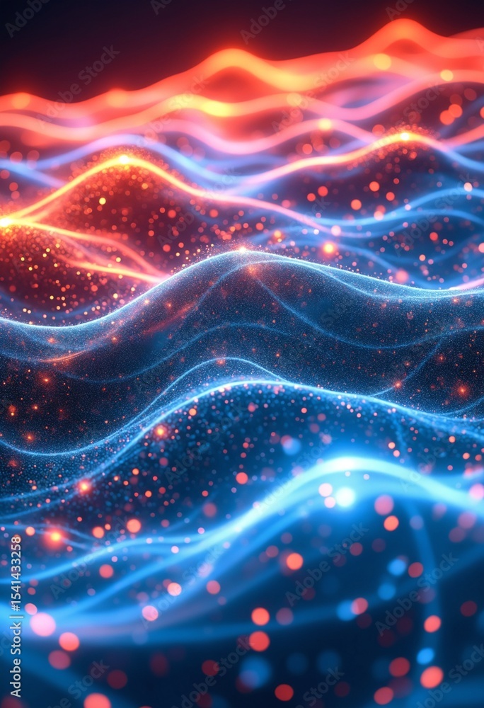Poster Dynamic digital landscape of glowing waves in red and blue hues with particle lights. Wallpaper High-resolution digital art. Technology and energy flow concept