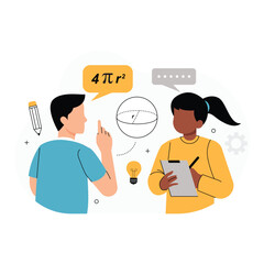 Two Students Learning of Geometry Formula. Vector illustration showing two students engaged in a math lesson and discussing a geometry formula