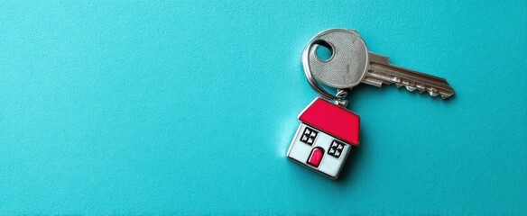 The key with a charming house-shaped keychain on a blue background