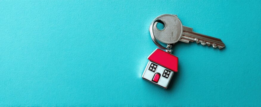 The key with a charming house-shaped keychain on a blue background
