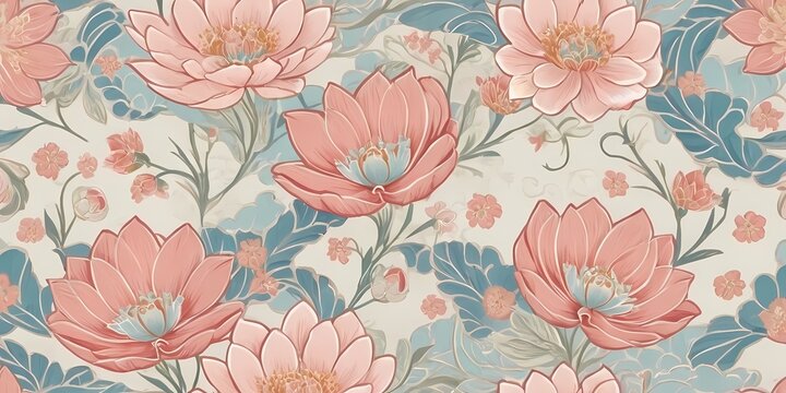 Korean Hanbok-Inspired Seamless Pattern with Floral and Geometric Motifs