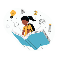 Imaginative Learning Journey Through Books. Vector illustration of a young girl wearing a backpack flying together over a large book. 
