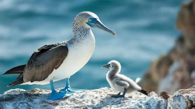 Adult blue footed booby with fluffy white chick on rocky coastline, showcasing parental bond against turquoise ocean background.