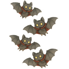 Enchanting Halloween Bats: A whimsical array of four stylized bats soar through the air, with glowing eyes and cute details, perfect for Halloween. 