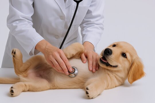 Veterinary routine checkups ensure ongoing pet wellness. A veterinarian uses a stethoscope to examine a relaxed golden retriever puppy lying on its back.