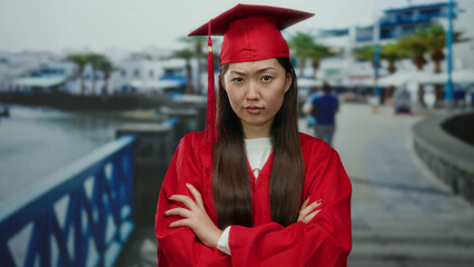 Woman in red graduation gown standing on seaside promenade with crossed arms and serious expression...
