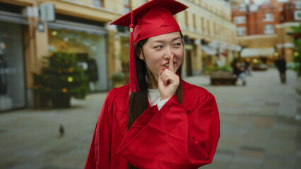 Woman in red graduation gown gesturing silence on urban street with festive decorations and people...