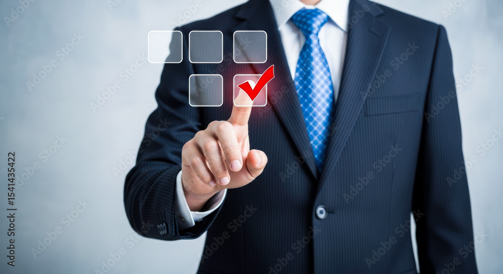 Poster businessman selecting choice check mark box on virtual interface business concept selection