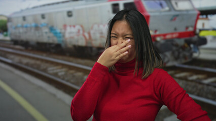 Young chinese woman in red reacts with disgust at a train station, holding her nose and gesturing...