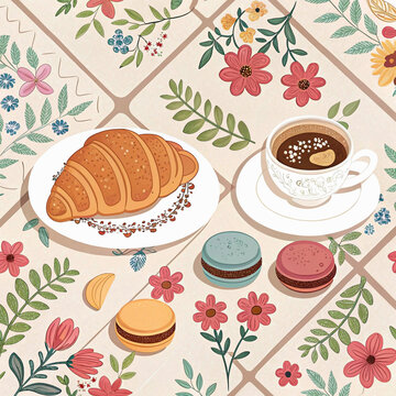 Coffee and croissant. Vector cute french illustration of seamless mediterranean pattern with dessert