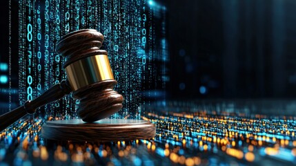 Digital law concept. Gavel on a digital backdrop of binary code