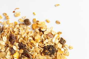Healthy Breakfast Granola Mix with Oats and Dried Fruits on White Background