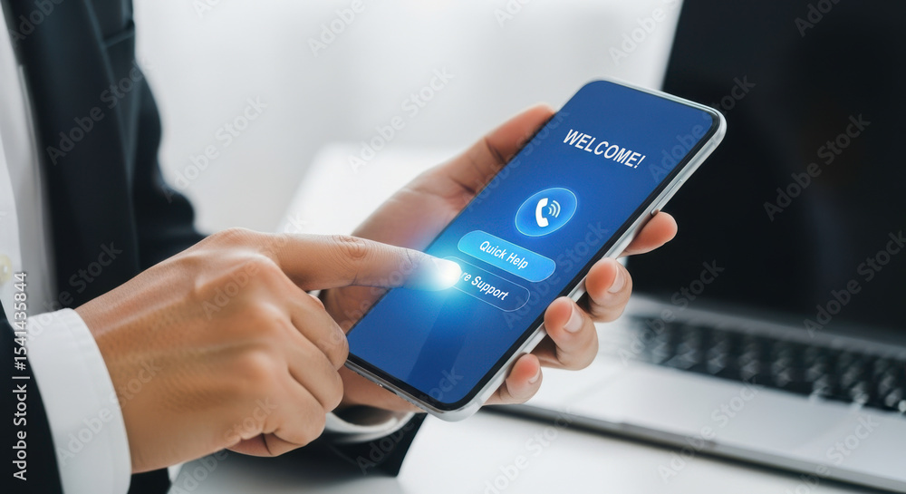 Poster man using mobile phone for customer support online help quick assistance and technical support app