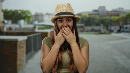Woman outdoors wearing hat in urban street setting displays emotions with hands over mouth,...
