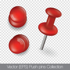 Realistic 3D red push pins shown from different angles, isolated on transparent background, vector (EPS) illustration, easy to use and edit