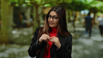Woman with glasses stands on an outdoor street looking contemplative against a blurred background...