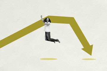 Trend template collage of person stand front win arrows going down on yellow background