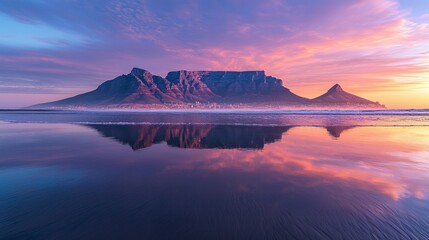 Dramatic sunset over Table Mountain reflected in a calm bay