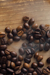 High-Quality Coffee Beans on a Wooden Surface with Steam Effects