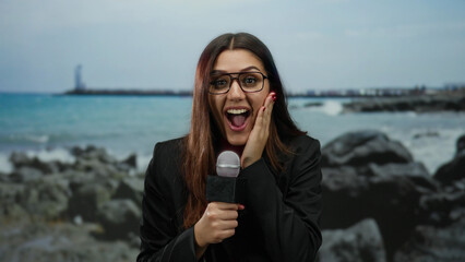Woman holding microphone on beach as reporter on outdoor seaside location wearing glasses appears...