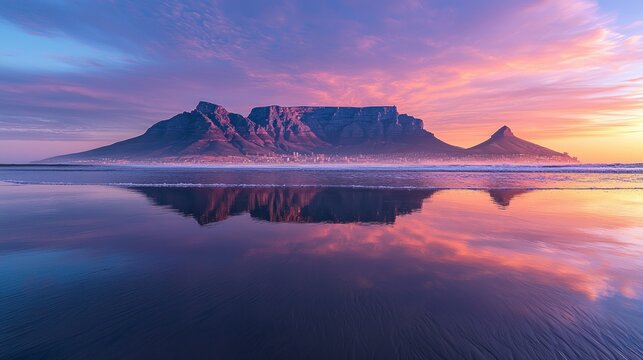 Dramatic sunset over Table Mountain reflected in a calm bay