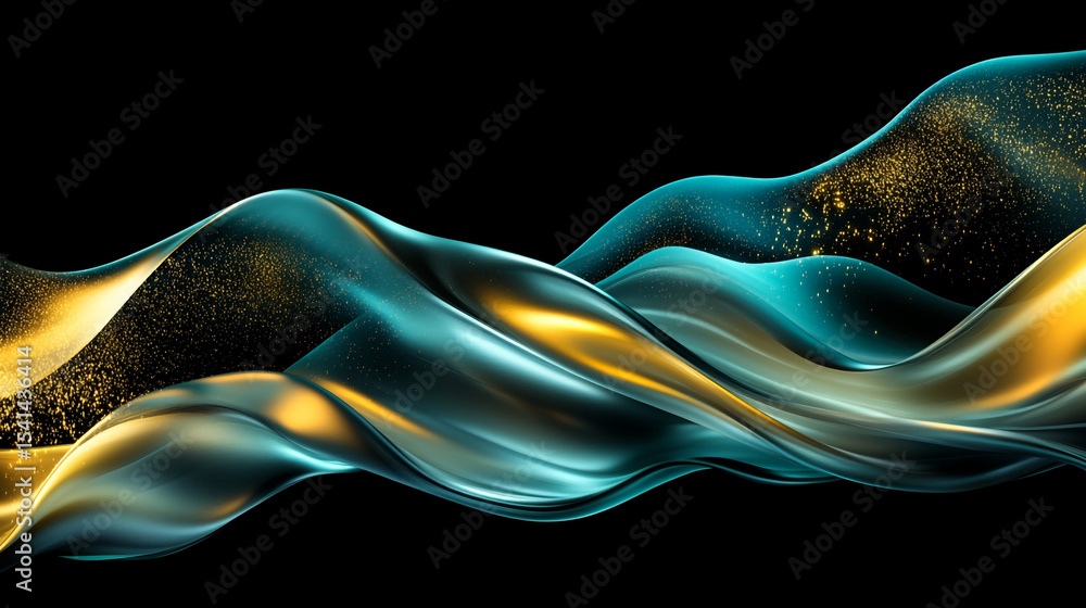 Poster abstract fluid motion with metallic sheen. digital artwork depicting flowing metallic waves, suitabl