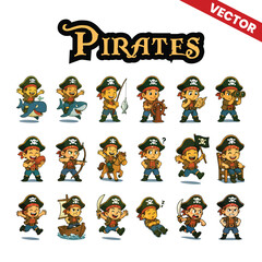 Set of Cute Pirate Kids in Various Poses. Funny Vector Characters with Emotions and Activities.