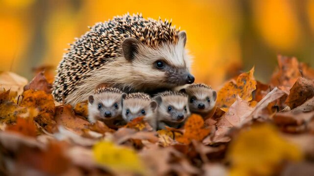 Mother hedgehog with four babies nestled in colorful autumn leaves, creating heartwarming wildlife scene with orange and yellow background.
