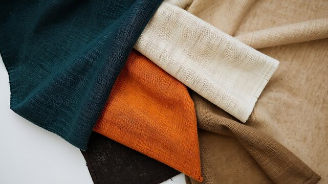 Textured fabric swatches in earthy tones teal burnt orange beige and brown - Powered by Adobe
