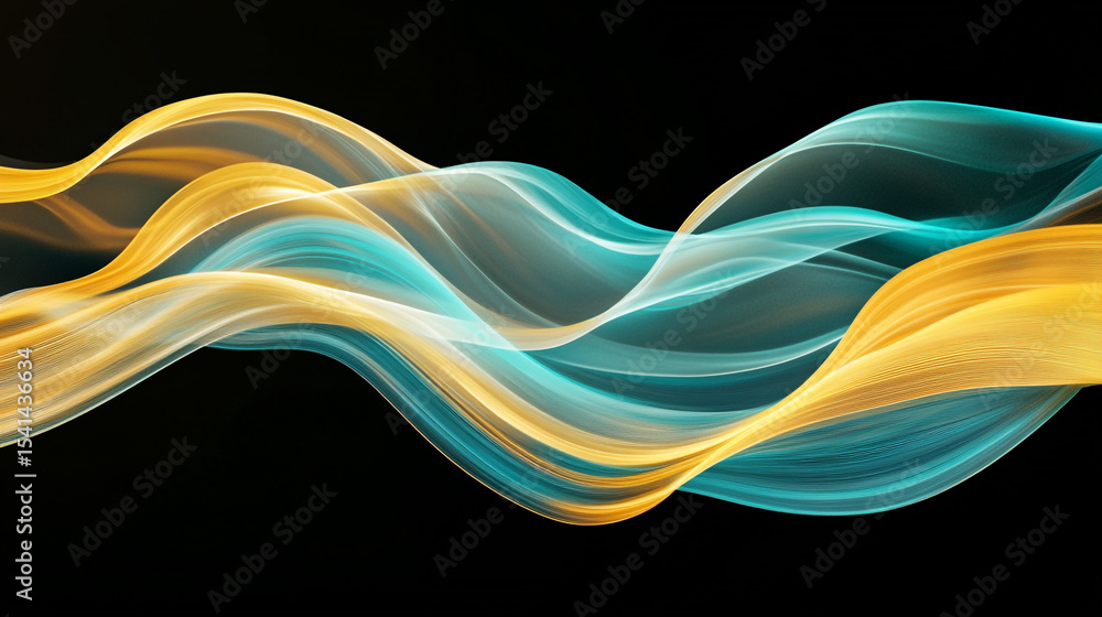 Poster abstract flowing lines of yellow and blue on a black background. colorful flowing wave patterns in y