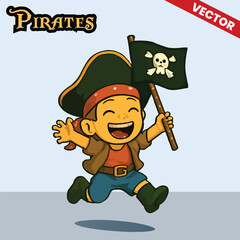 Cute Pirate Kid Cartoon Vector Character Dressed in Traditional Pirate Costume with Hat and Bandana. Perfect for Children’s Books, Games, and Adventure Themed Designs.