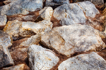 Textured Gray Stones Surrounded by Brown Natural Fibers and Soil