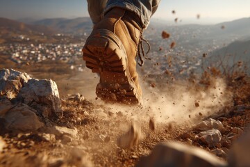 A close-up shot of a hiker's boot kicking up dirt and rocks while traversing a rugged, mountainous terrain, symbolizing adventure and outdoor exploration in nature.